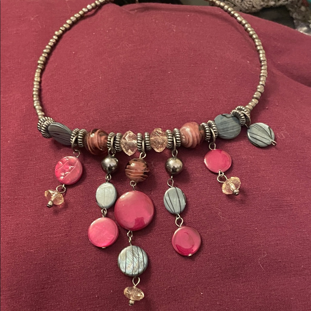 Burgundy Gray Silver Beaded Necklace With Multicolor Stones